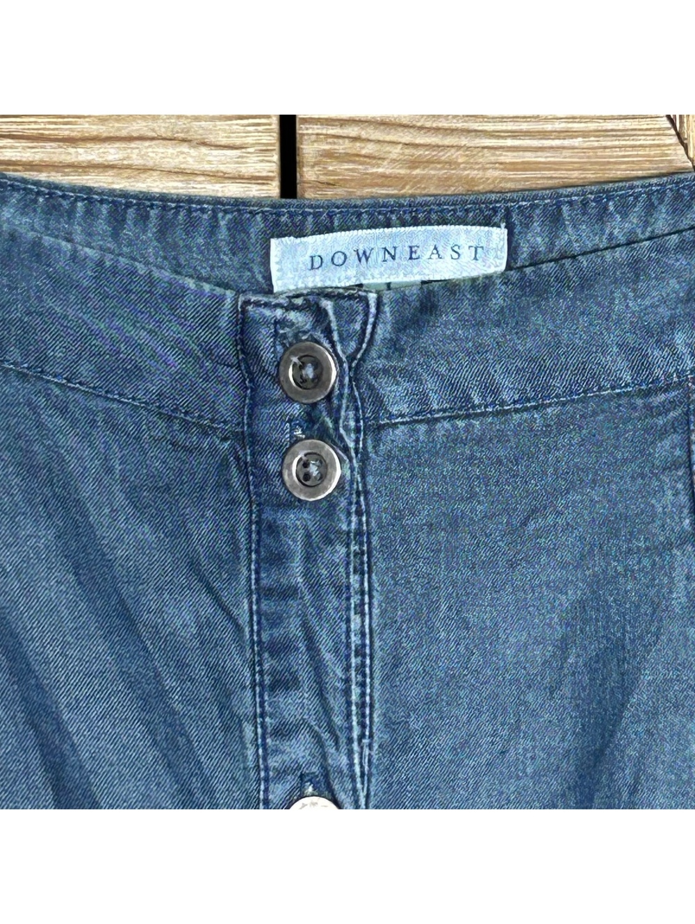 Downeast Retro Blue Modest Midi Boho Skirt Large Button Front Fringe Raw Hem - Picture 3 of 10